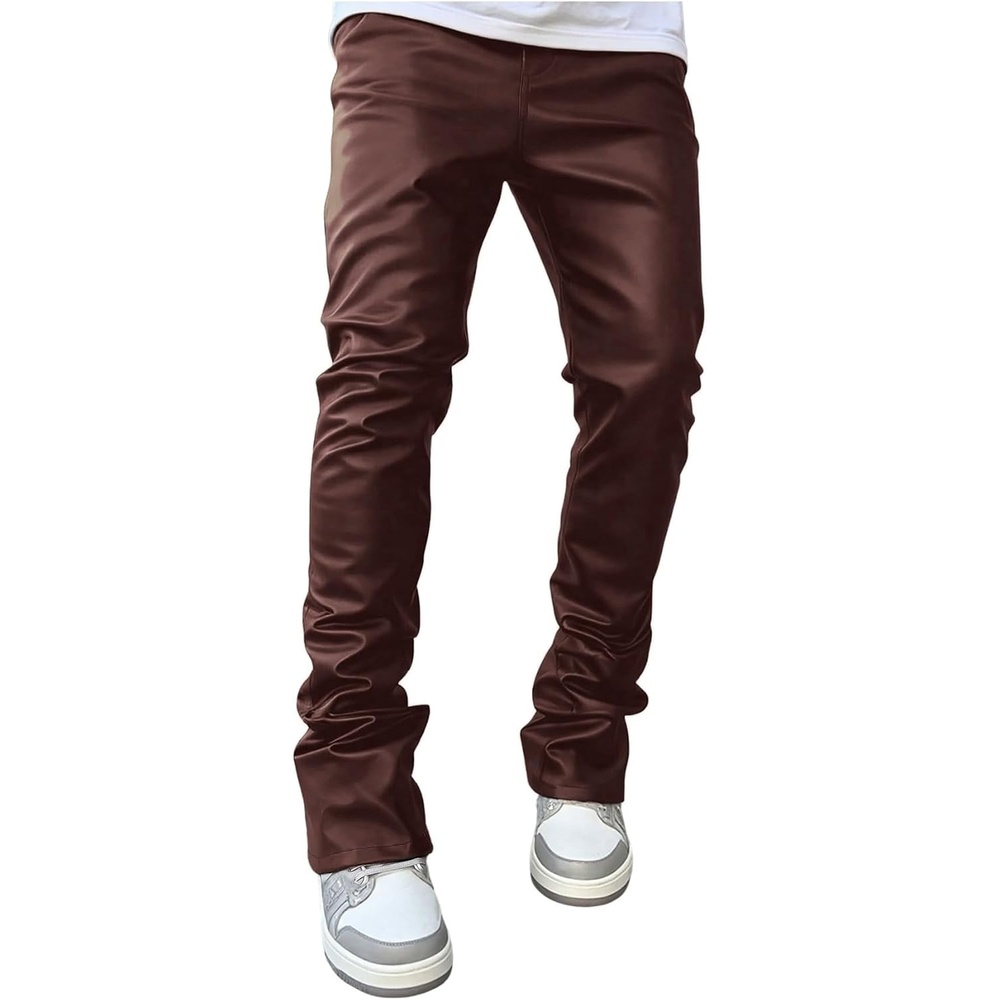 image:imageWDIRARA Mens Drawstring Waist Flare Pants Hip Hop Faux Leather Pants StreetwearCoffee Brown
