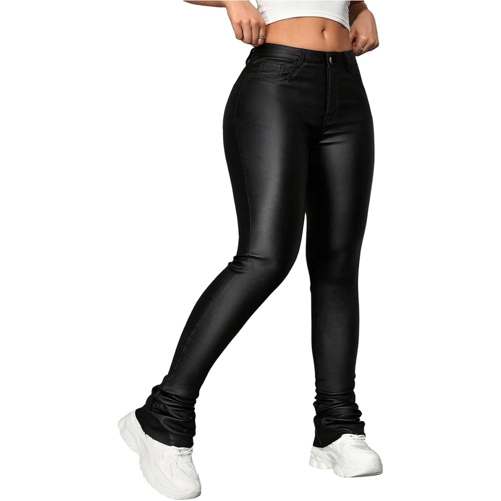 image:imageWDIRARA Womens Faux Leather Leggings Mid Rise Stretchy Skinny Pants with PocketsBlack