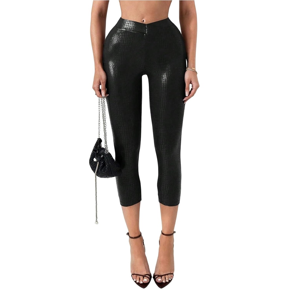 image:imageWDIRARA Womens Faux Leather Leggings Skinny Capri PantsBlack