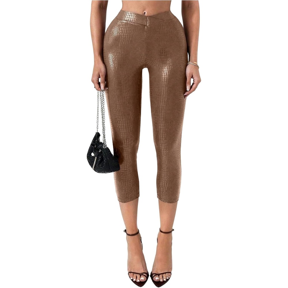 image:imageWDIRARA Womens Faux Leather Leggings Skinny Capri PantsBrown Light