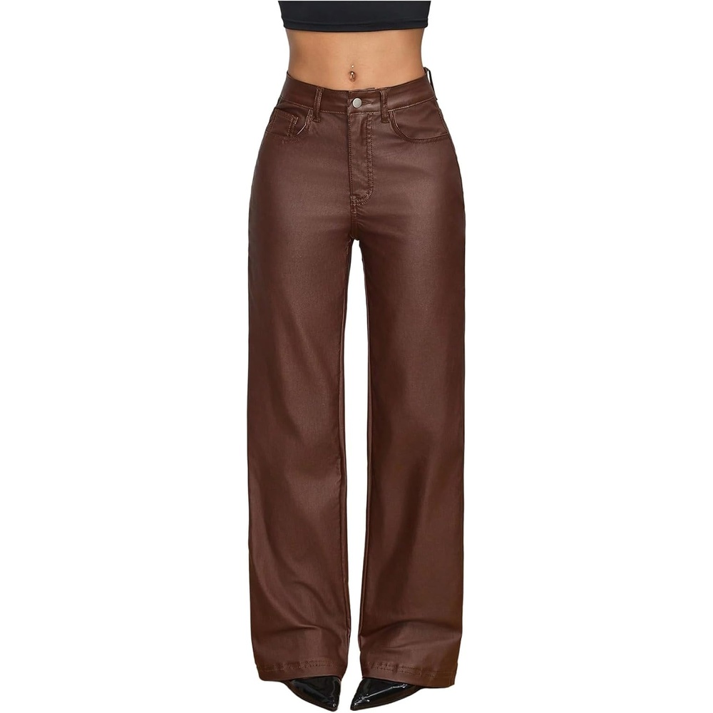 image:imageWDIRARA Womens High Waisted PU Leather Pants Punk Straight Leg TrousersMaroon