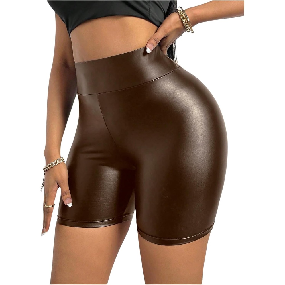 image:imageWDIRARA Womens Pu Leather Leggings Tummy Control Yoga Biker ShortsBrown
