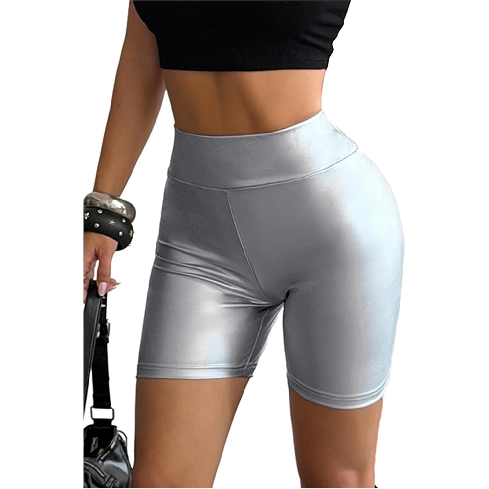 image:imageWDIRARA Womens Pu Leather Leggings Tummy Control Yoga Biker ShortsSilver