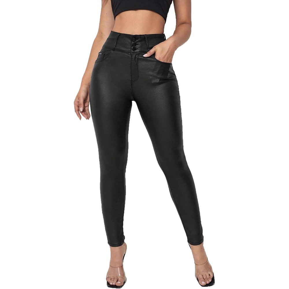 image:imageWomen Faux Leather Stretchy Pants Skinny Leggings High Waisted Faux Leather Legging PantsBlack