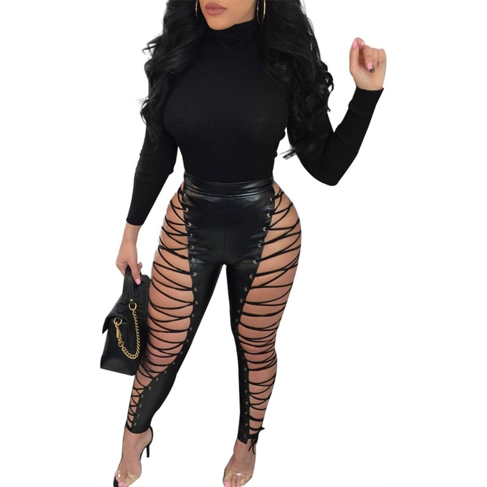 image:imageWomen Sexy High Waist Lace Up PU Leather Leggings Skinny Pants ClubwearBlack