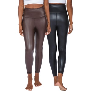 90 Degree By Reflex Super High Waist High Shine Faux Leather Fleece Lined Elastic Free Ankle Leggings(2 Pack Black/Chocolate Torte)