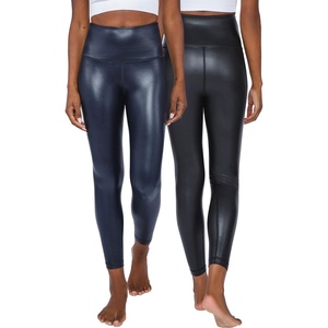 90 Degree By Reflex Super High Waist High Shine Faux Leather Fleece Lined Elastic Free Ankle Leggings(2 Pack Black/Dark Navy)