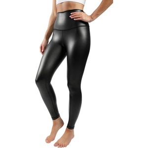 90 Degree By Reflex Super High Waist High Shine Faux Leather Fleece Lined Elastic Free Ankle Leggings(Black Elastic Free)