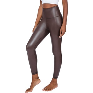 90 Degree By Reflex Super High Waist High Shine Faux Leather Fleece Lined Elastic Free Ankle Leggings(Chocolate Torte)