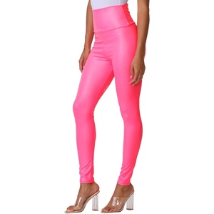 Cemi Ceri Women’s Faux Leather Leggings – High Waisted Tummy Control Stretch Pants, Dressy Shiny Slim Fit Jeggings(Neon Pink)