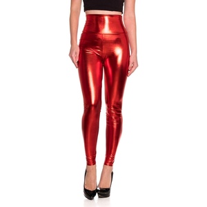 Cemi Ceri Women’s Faux Leather Leggings – High Waisted Tummy Control Stretch Pants, Dressy Shiny Slim Fit Jeggings(Red Metallic)