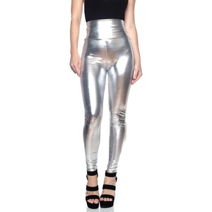 Cemi Ceri Women’s Faux Leather Leggings – High Waisted Tummy Control Stretch Pants, Dressy Shiny Slim Fit Jeggings(Silver)