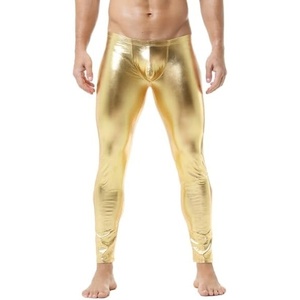 DTODWW Men’s Faux Leather Activewear Leggings Slim Fit Tight Pants Long PU Pants for Men Clubwear(A# Gold)