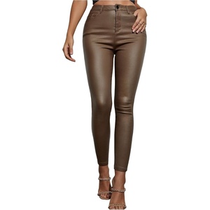Floerns Women’s PU Leather High Waisted Leggings Stretch Skinny Long Pants with Pockets(Brown)