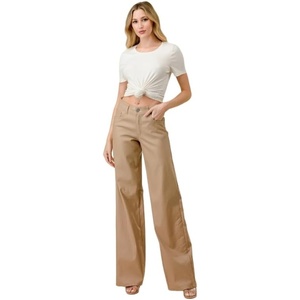 LOVER BRAND FASHION Women’s High Waisted Super Stretch Faux Leather Wide Leg Pants Multiple Colors for Trendy Looks Jeans(Almond)