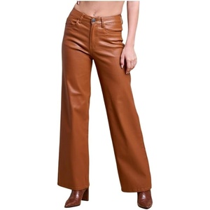 LOVER BRAND FASHION Women’s High Waisted Super Stretch Faux Leather Wide Leg Pants Multiple Colors for Trendy Looks Jeans(Brown)