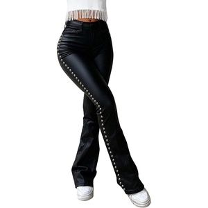 LovelyWholesale Women Faux Leather Pants Studded High Waisted Flare Pants for Concert Party Club(Black)