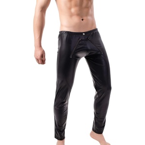 QiaTi Mens Skinny Pants Faux Leather Open Crotch Trousers Long Pant with Bulge Pouch for Men Club(C-black)