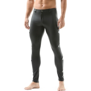QiaTi Mens Skinny Pants Faux Leather Open Crotch Trousers Long Pant with Bulge Pouch for Men Club(D-black)