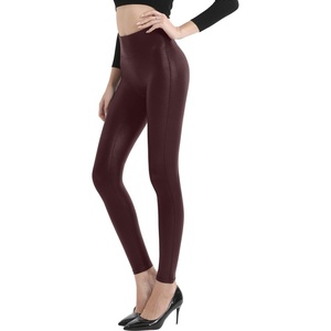 Retro Gong Faux Leather Leggings for Women, Black High-Rise Pants(Wine Red)