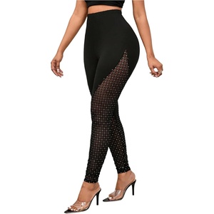SHENHE Women’s High Waist Rhinestone Patchwork Mesh Elegant Leggings(Black)