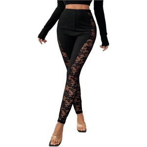 SHENHE Women’s High Waist Rhinestone Patchwork Mesh Elegant Leggings(Mesh Lace Black)