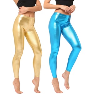 Shiny Metallic High Waist Stretch Leggings, Women Wet Look Faux Leather Legging Bright Candy Color Trousers(A03 Rose Gold & Sky Blue)