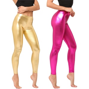 Shiny Metallic High Waist Stretch Leggings, Women Wet Look Faux Leather Legging Bright Candy Color Trousers(A04 Rose Gold & Hot Pink)