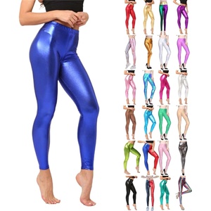 Shiny Metallic High Waist Stretch Leggings, Women Wet Look Faux Leather Legging Bright Candy Color Trousers(Blue)
