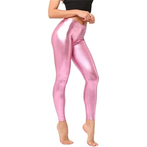 Shiny Metallic High Waist Stretch Leggings, Women Wet Look Faux Leather Legging Bright Candy Color Trousers(Pink)