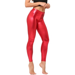 Shiny Metallic High Waist Stretch Leggings, Women Wet Look Faux Leather Legging Bright Candy Color Trousers(Red)