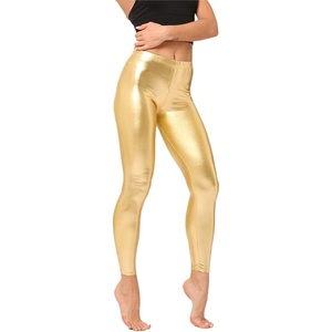 Shiny Metallic High Waist Stretch Leggings, Women Wet Look Faux Leather Legging Bright Candy Color Trousers(Rose Gold)
