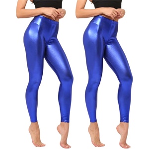 Shiny Metallic High Waist Stretch Leggings, Women Wet Look Faux Leather Legging Bright Candy Color Trousers(Z13 Blue)