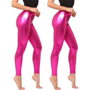 Shiny Metallic High Waist Stretch Leggings, Women Wet Look Faux Leather Legging Bright Candy Color Trousers(Z15 Hot Pink)