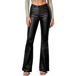 THE LOVE BRAND Women’s Faux Leather Coated Flare Pants Mid Waist Black Leather Pants Black Skinny Leggings with Pockets(Black)