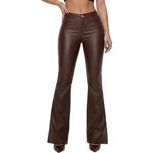 THE LOVE BRAND Women’s Faux Leather Coated Flare Pants Mid Waist Black Leather Pants Black Skinny Leggings with Pockets(Chocolate)