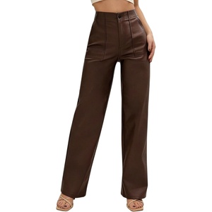 THE LOVE BRAND Women’s Faux Leather Pants High Waisted Coated PU Straight Leg Black Leather Pants for Women Trendy(Chocolate)