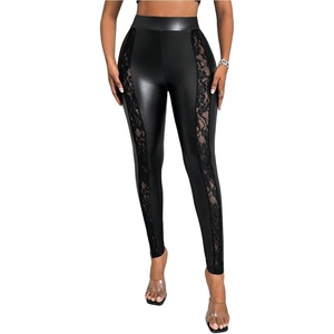 WDIRARA Women’s Faux Leather Lace Leggings High Waisted Stretchy Skinny Pants Night Out Clubwear(Black)