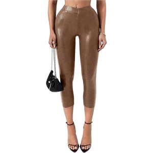 WDIRARA Women’s Faux Leather Leggings Skinny Capri Pants(Brown Light)