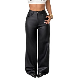 WDIRARA Women’s High Waisted PU Leather Pants Punk Straight Leg Trousers(Black)