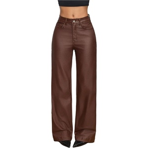 WDIRARA Women’s High Waisted PU Leather Pants Punk Straight Leg Trousers(Maroon)