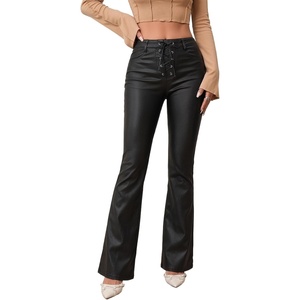 Women Faux Leather Pants PU Mid Waist Skinny Drawstring Leather Leggings Flare Pants(Black)