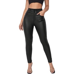 Women Faux Leather Stretchy Pants Skinny Leggings High Waisted Faux Leather Legging Pants(Black)