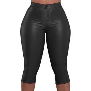 Zebaexf Leather Capri Pants for Women Casual Stretch Black High Waisted Crop Leggings with Pockets Faux PU Leather Pants(Black)