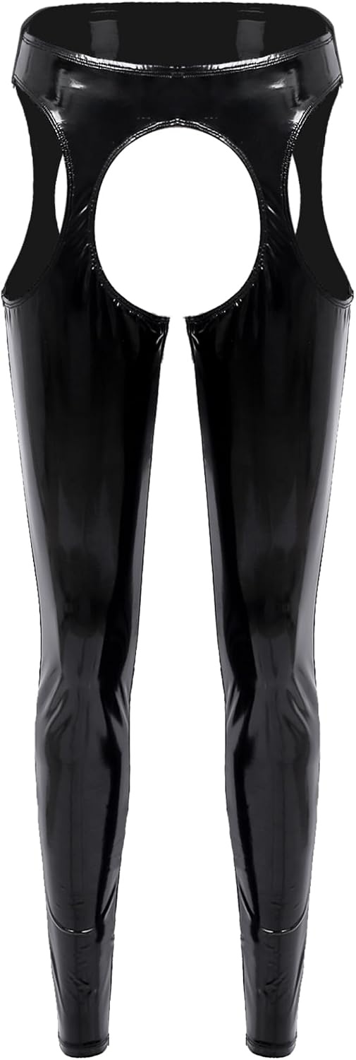 image:imageLinjinx Womens PVC Leather Wet Look ThighHigh Tights Suspender Pants Leggings Long TrousersBlack