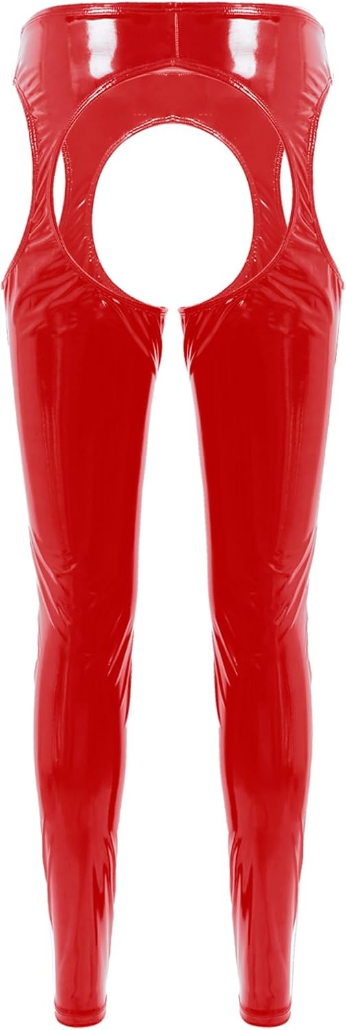 image:imageLinjinx Womens PVC Leather Wet Look ThighHigh Tights Suspender Pants Leggings Long TrousersRed