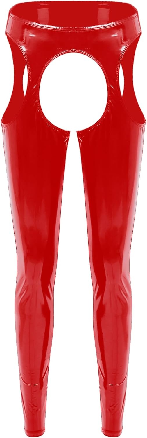 image:imageLinjinx Womens PVC Leather Wet Look ThighHigh Tights Suspender Pants Leggings Long TrousersRed