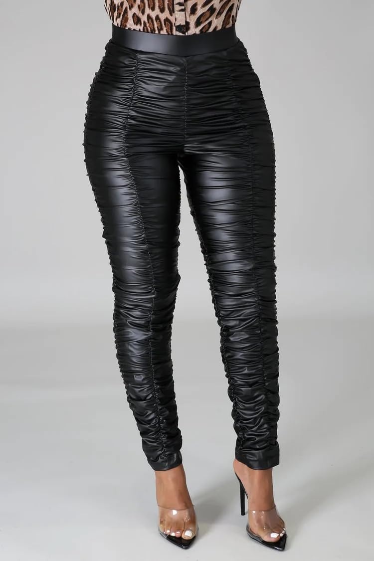 image:imageRIOJOY Womens Shinny Sexy Leather Leggings High Waist Butt Lifting Pleather Pants Stretchy Faux Leather TightsStacked Pants Black