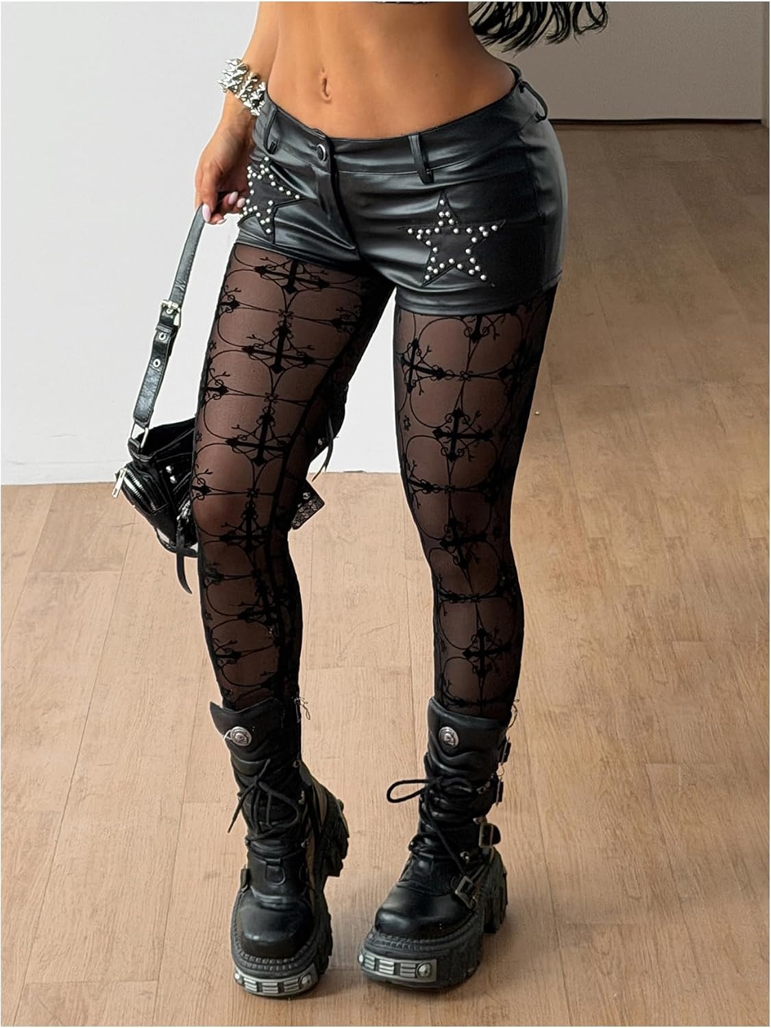 image:imageSHENHE Womens Sexy Gothic Punk Pants Mesh Sheer High Waist LeggingsBlack