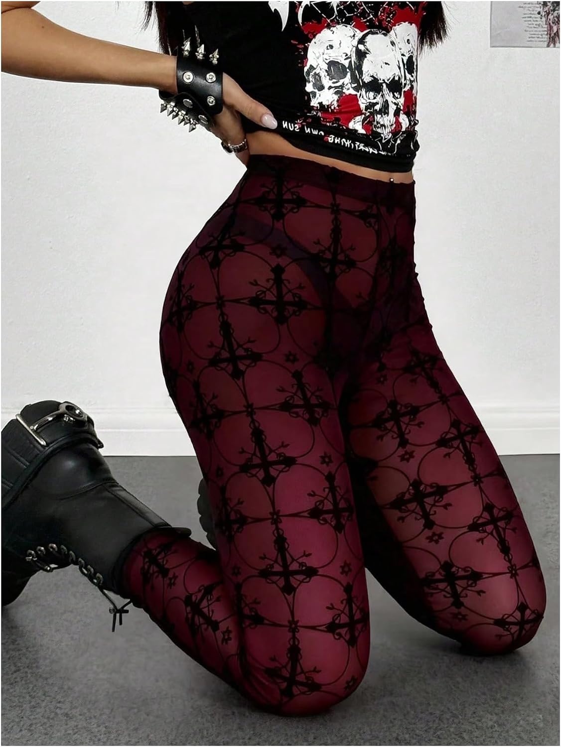 image:imageSHENHE Womens Sexy Gothic Punk Pants Mesh Sheer High Waist LeggingsBurgundy